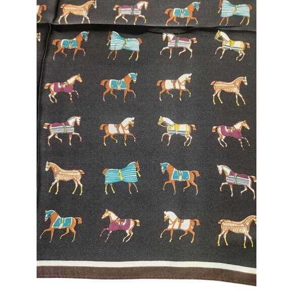 Luxury Black 100% Silk Equestrian Horse Print Scarf With Brown Border Decorative - Picture 3 of 12